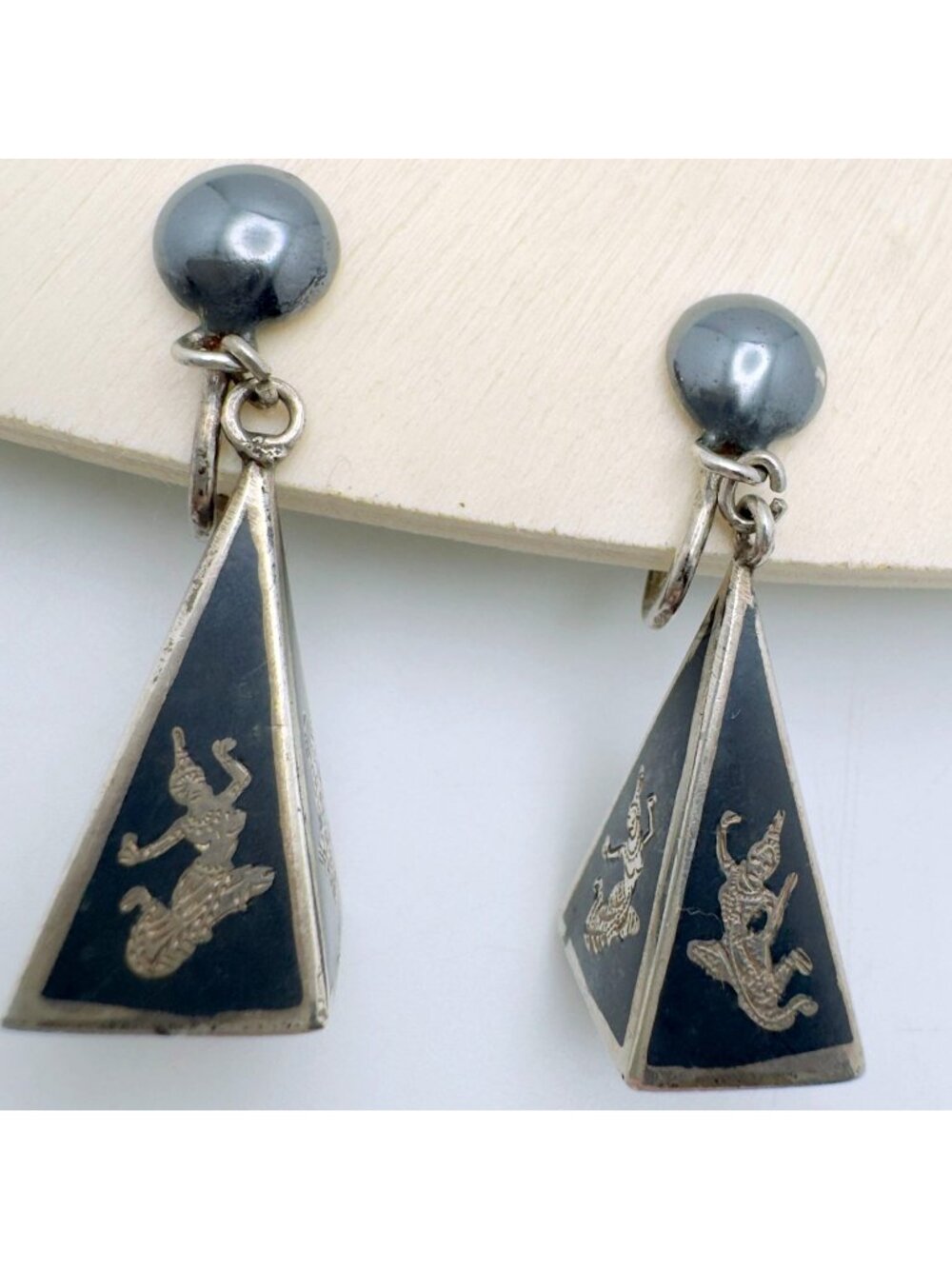 925 Sterling Silver Vintage Siam Niello Thai Dancer Screw Back Earrings